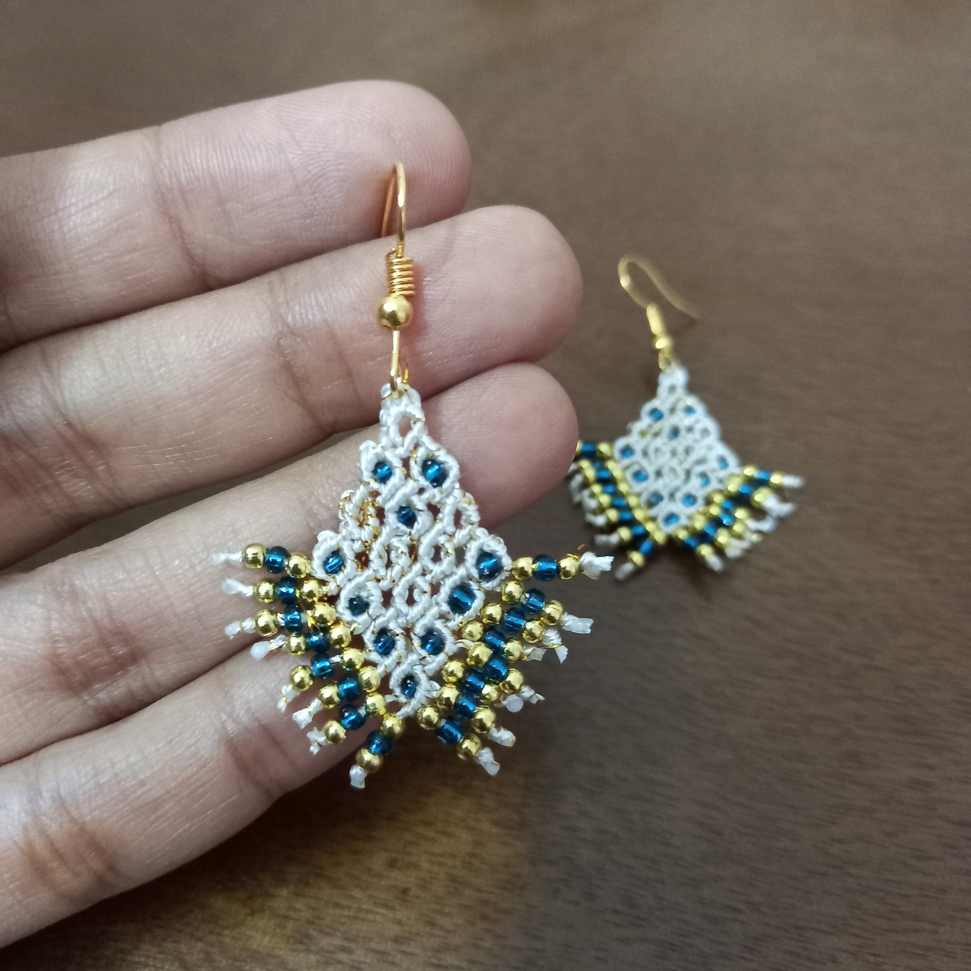 micromacrame dangler earrings with seed beads