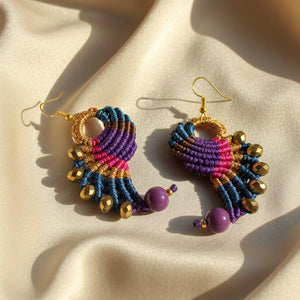 bead earrings macrame earrings thread earrings twisted earrings blue purple magenta earrings