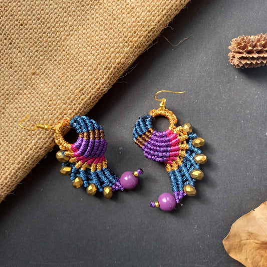 bead earrings macrame earrings thread earrings twisted earrings blue purple magenta earrings