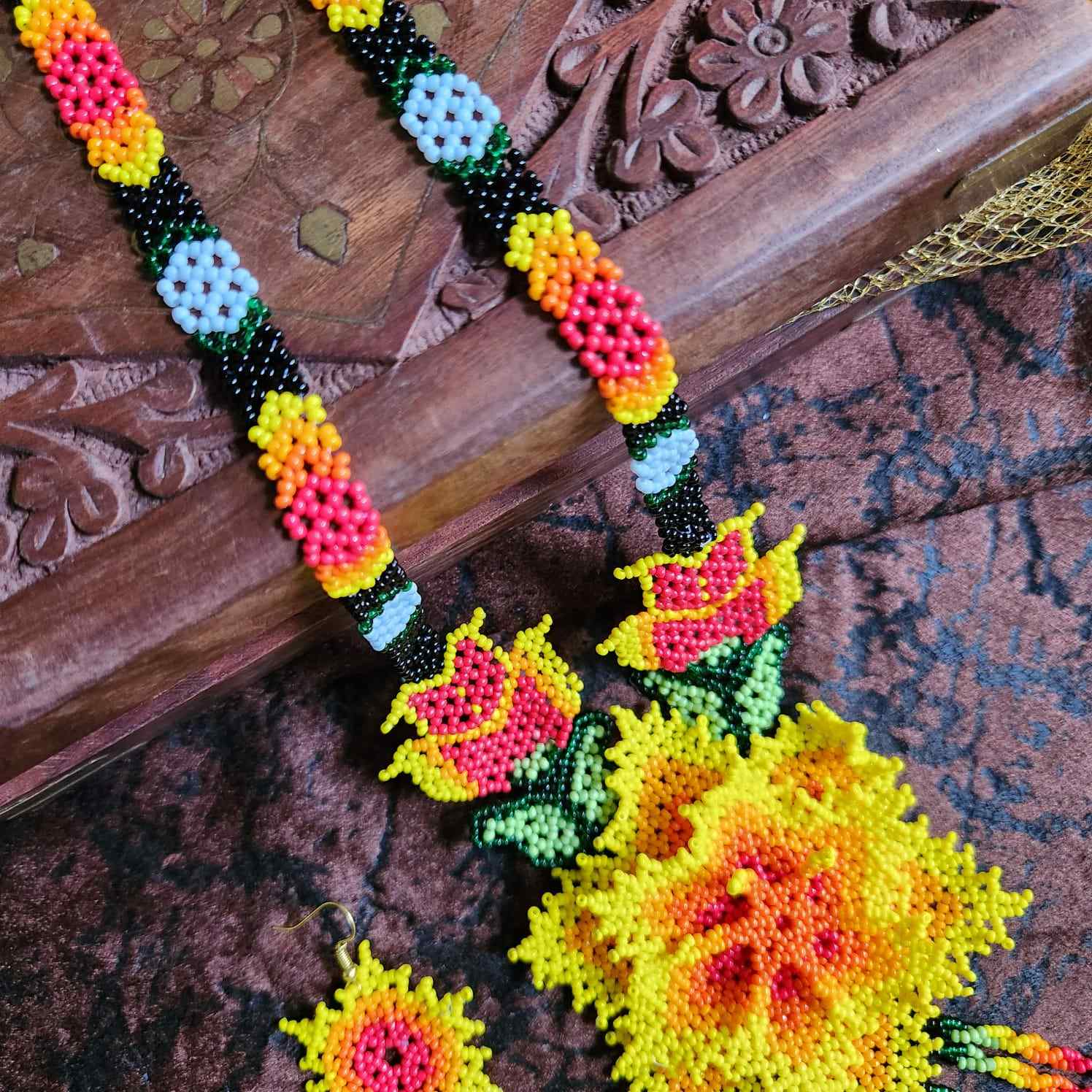 bead necklace flower necklace 3D necklace layer haldi necklace set flower earrings yellow orange necklace
