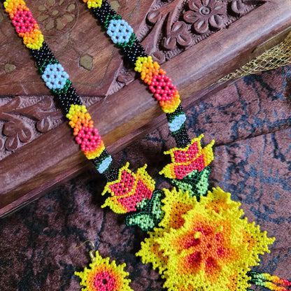 bead necklace flower necklace 3D necklace layer haldi necklace set flower earrings yellow orange necklace