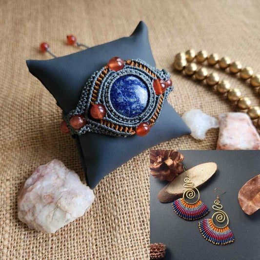 grey bracelet orange bead lapis stone bracelet brass earrings multi earrings dangler bracelet set combo