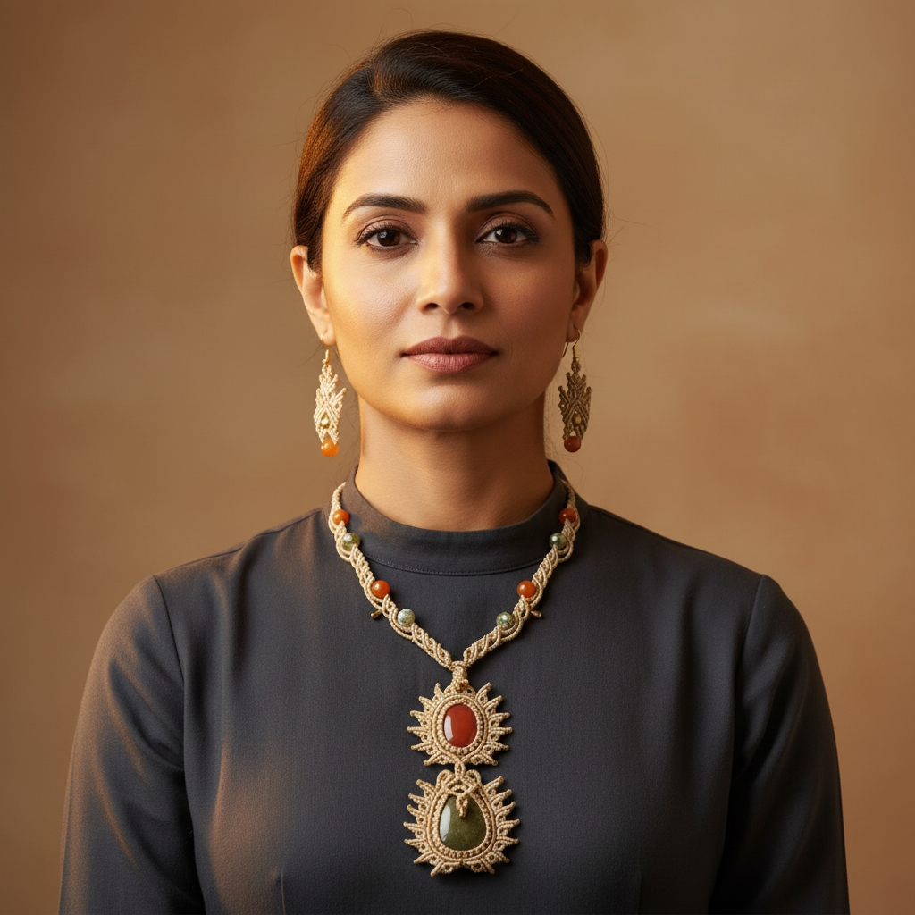 Kurinchi gemstone macrame necklace set