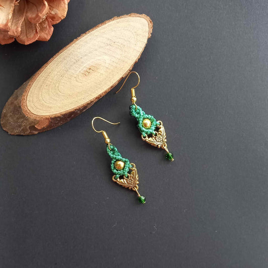 small macrame dangler earrings with dual leaf charm and crystal bead drop