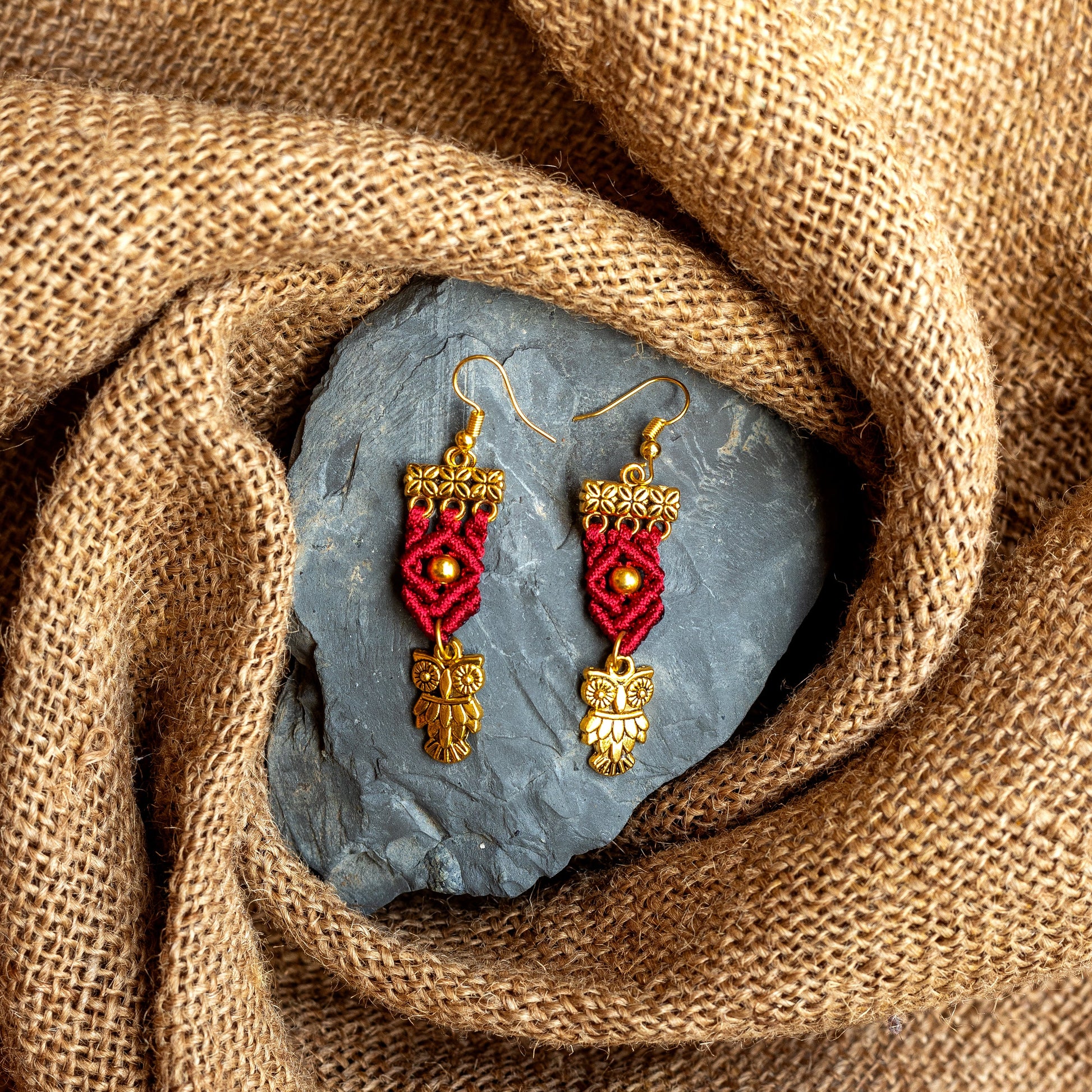 macrame bead earrings with owl charm