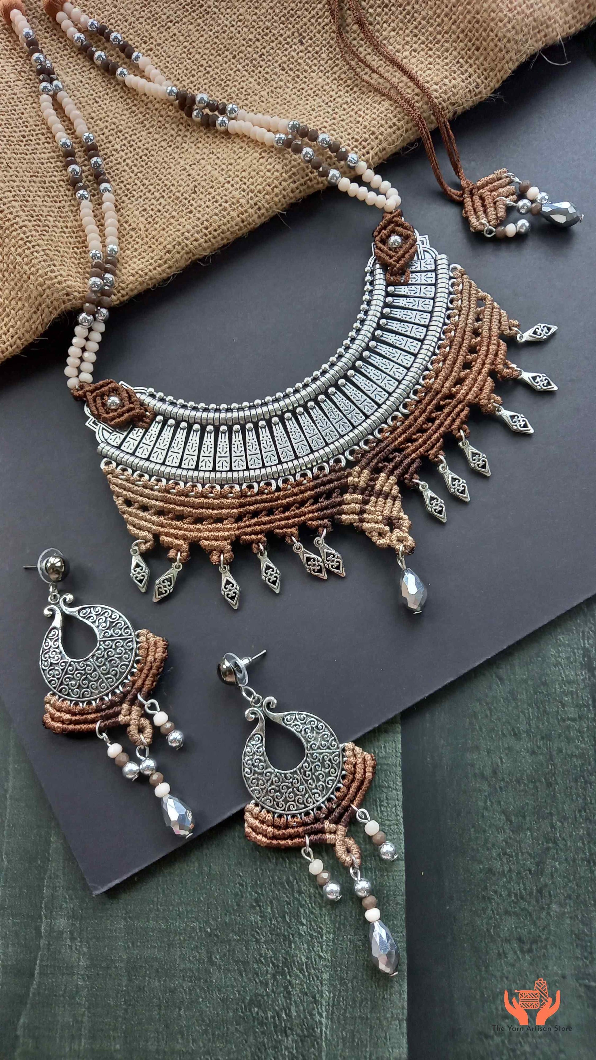 Macrame metal fusion necklace and chandbali dangler stud earrings set