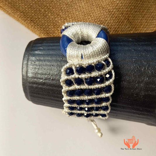handmade macrame bead bracelet in blue and white