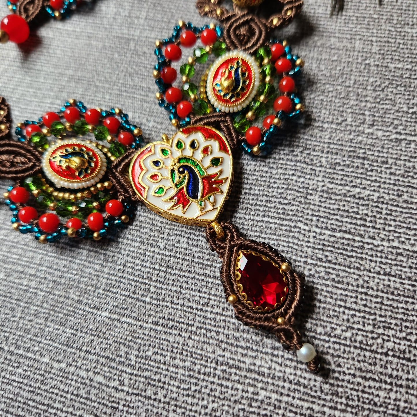 grand reception jewellery seed bead necklace red necklace peacock design stone necklace cocktail party necklace set evening