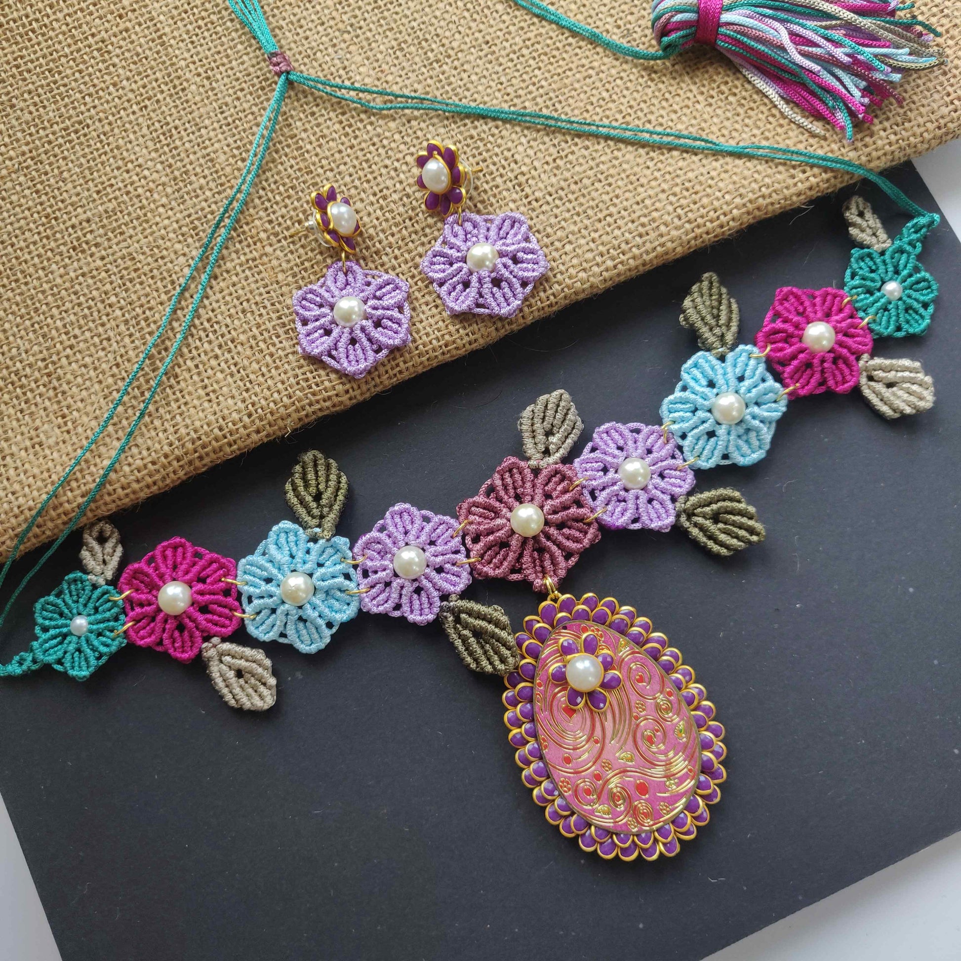 Floral necklace flower necklace multicoloured necklace pearl necklace stud earrings flower earrings