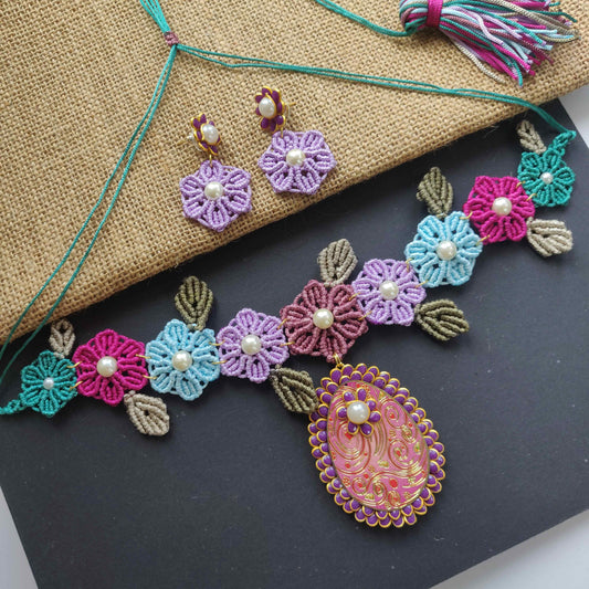 Floral necklace flower necklace multicoloured necklace pearl necklace stud earrings flower earrings