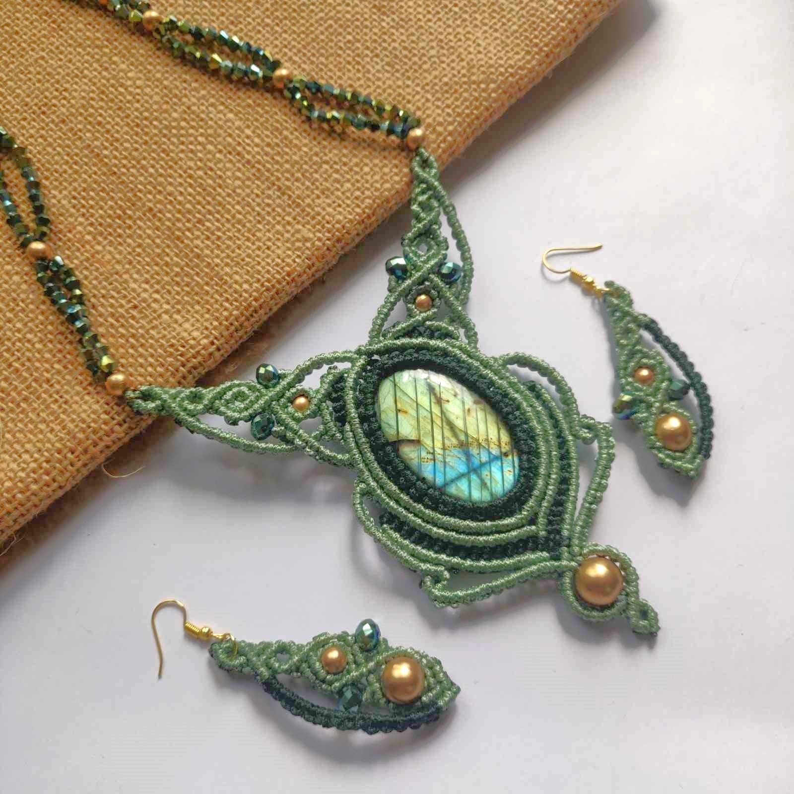 bead necklace set stone necklace set macrame earrings necklace labrodorite green necklace earrings oval stone office wear set