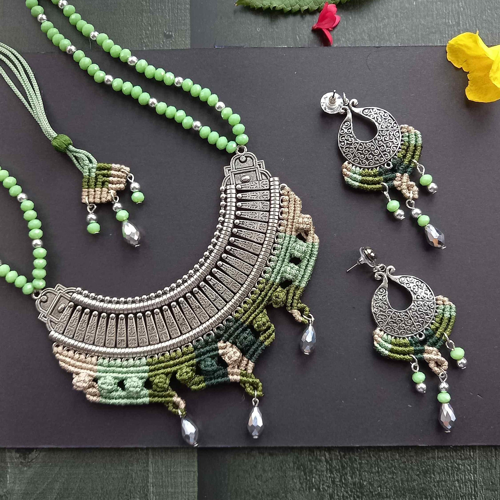 Macrame metal fusion necklace and chandbali dangler stud earrings set