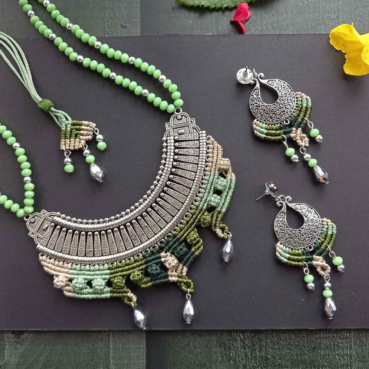 Macrame metal fusion necklace and chandbali dangler stud earrings set