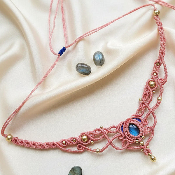 stone necklace small choker necklace macrame necklace labrodorite blue stone stud earrings stone earrings brass bead necklace