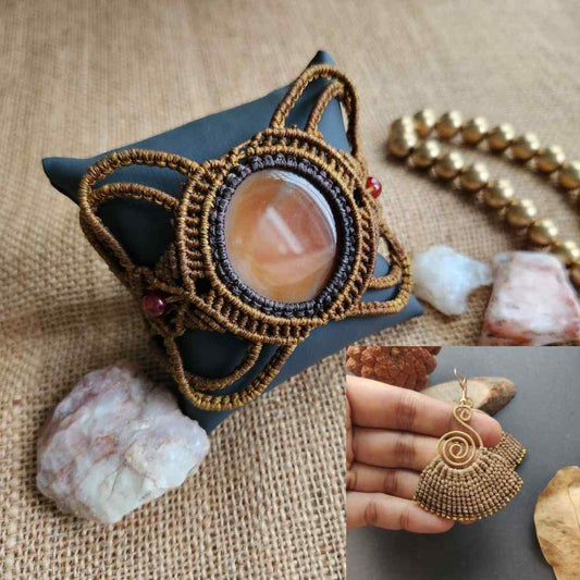 brown cuff bracelet macrame stone bracelet onyx bracelet brass earrings dangler earrings set