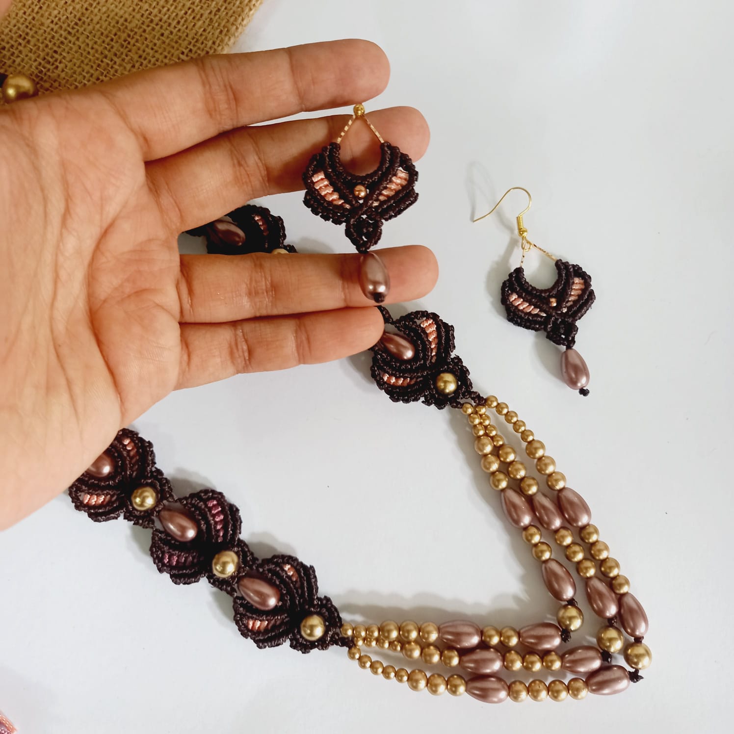 bead necklace floral necklace earrings set pink flower necklace macrame jewellery set necklace set