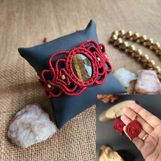 red cuff bracelet macrame stone bracelet tigereye bracelet brass bead bracelet brass earrings red earrings dangler
