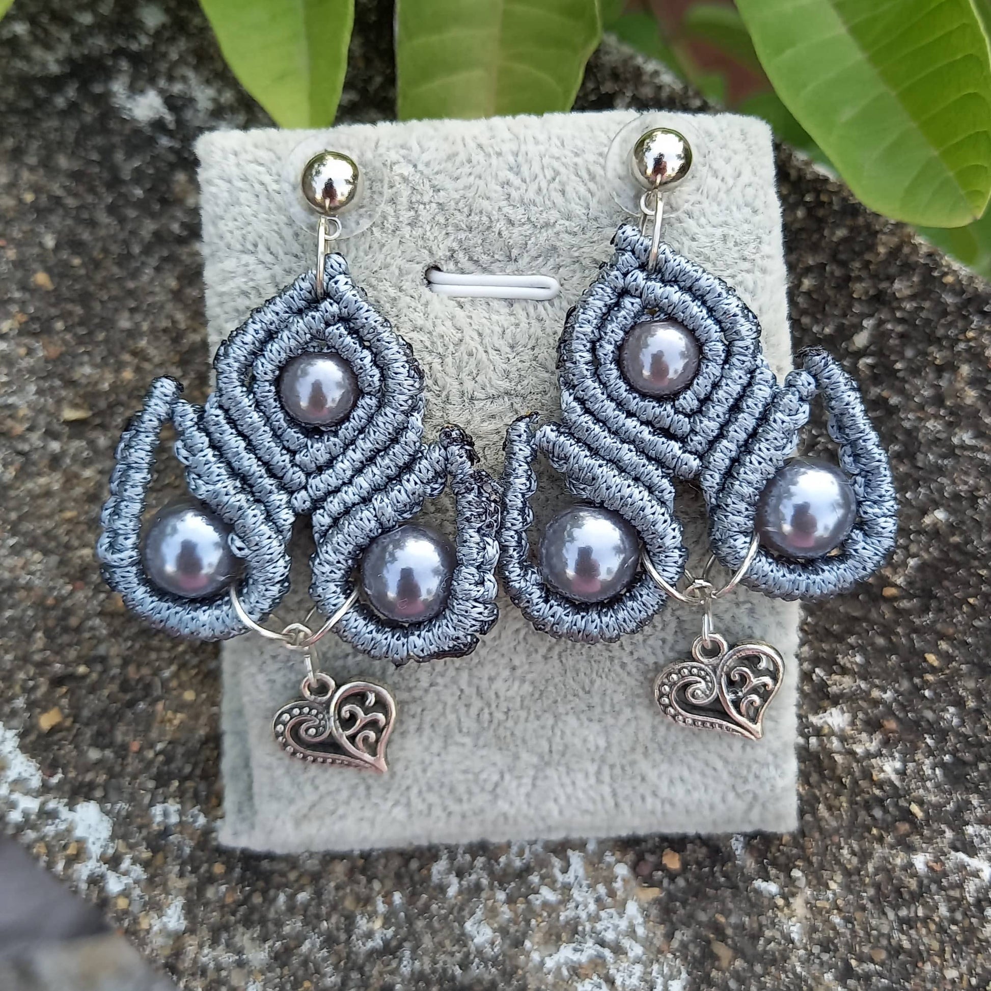 macramé stud dangler earrings with filigree heart accent
