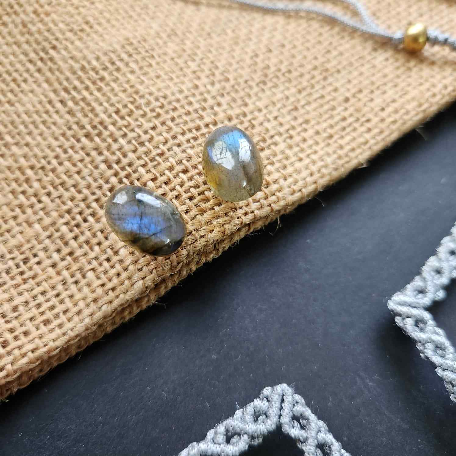 stone necklace small choker necklace macrame necklace labrodorite blue stone stud earring stone earring brass bead necklace