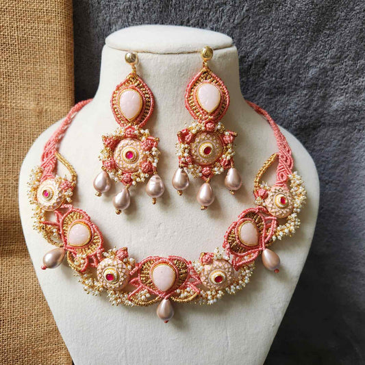 artisanal necklace macrame jewellery coral gold pearl necklace meenakari stone evening partywear wedding reception pastel