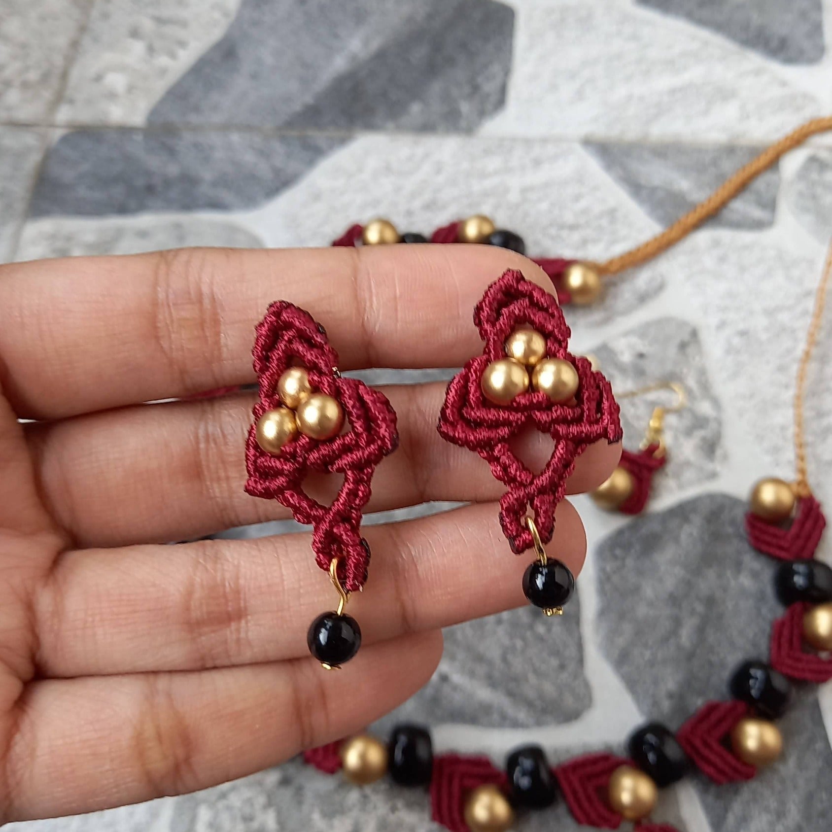 macrame necklace maroon necklace gold bead necklace black bead necklace stud earrings dangler bead bracelet necklace set