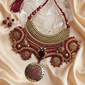 macrame collar style stone necklace and earrings set maroon necklace