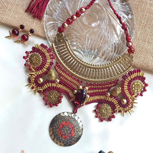 macrame collar style stone necklace and earrings set maroon necklace
