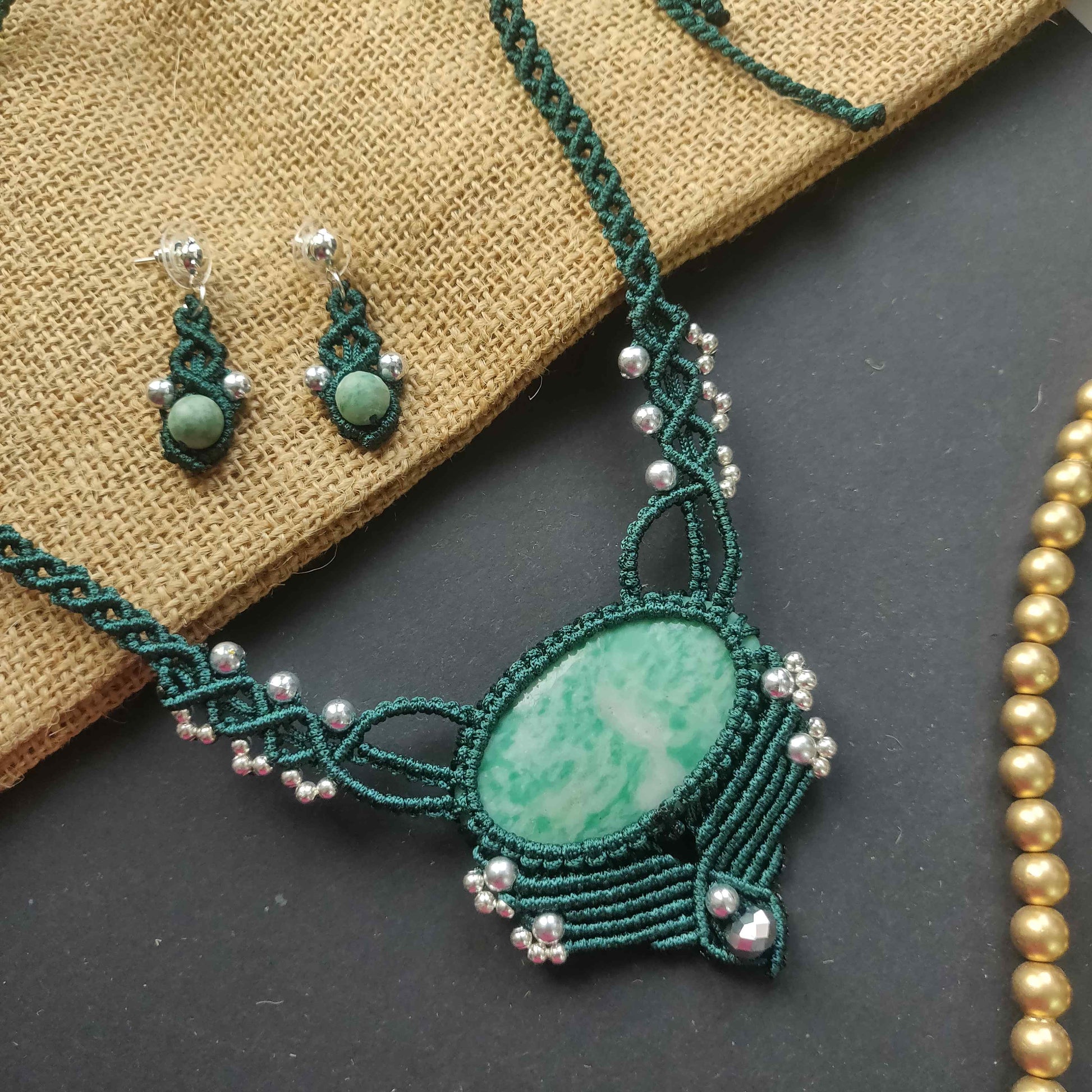 vesuvianite stone green stone necklace macrame necklace stud dangler earrings macrame earrings silver bead necklace earrings