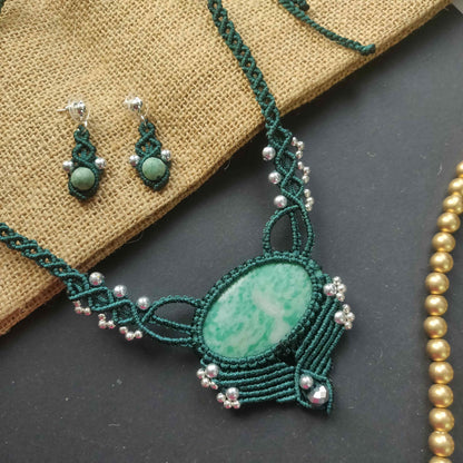 vesuvianite stone green stone necklace macrame necklace stud dangler earrings macrame earrings silver bead necklace earrings