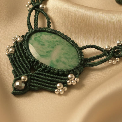 Purpura green stone macrame necklace set
