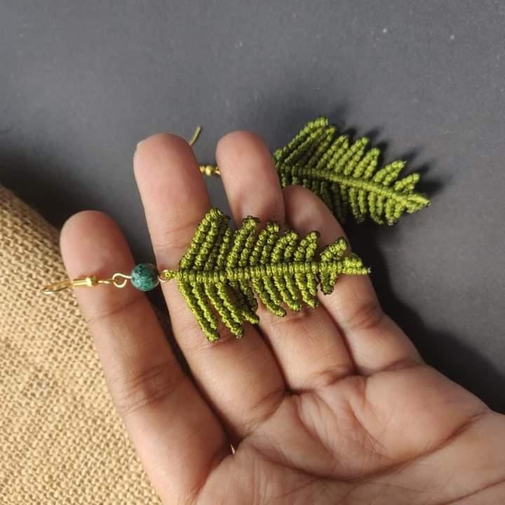 fern leaf macrame earrings palm leaf earrings green earrings dangler earrings bead earrings semiprecious stone earrings