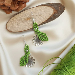 dangler earrings flower earrings leaf earrings macrame earrings green earrings silver earrings oxidised silver