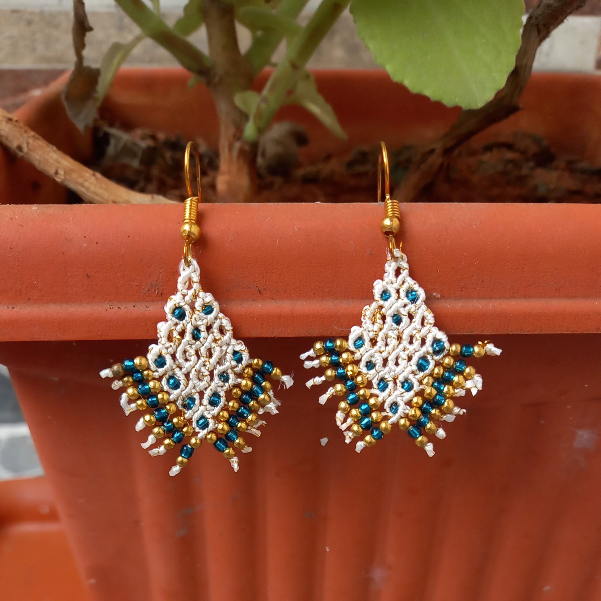 micromacrame dangler earrings with seed beads