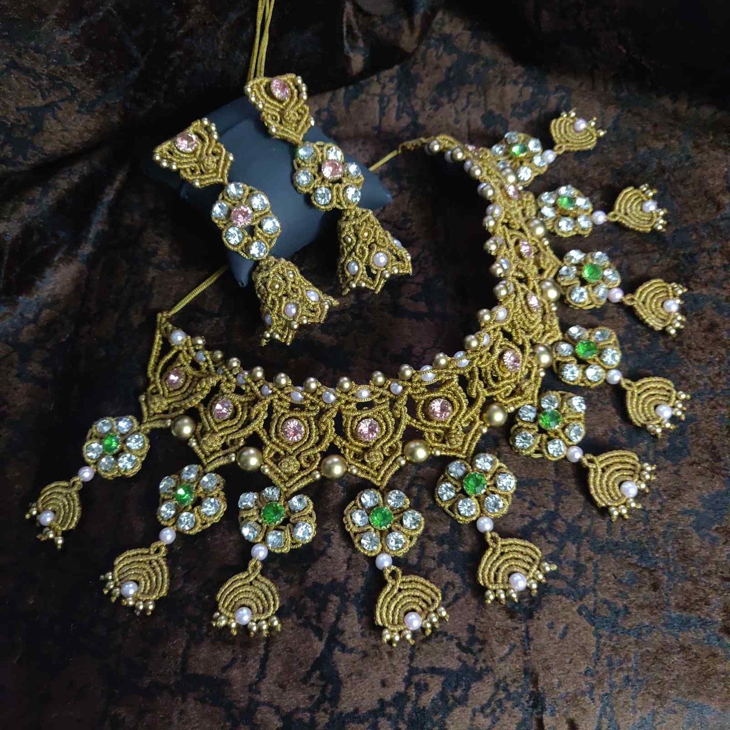 stone necklace pink stone macrame necklace green stone jhumka earrings jhumki flower necklace floral earrings bridal necklace