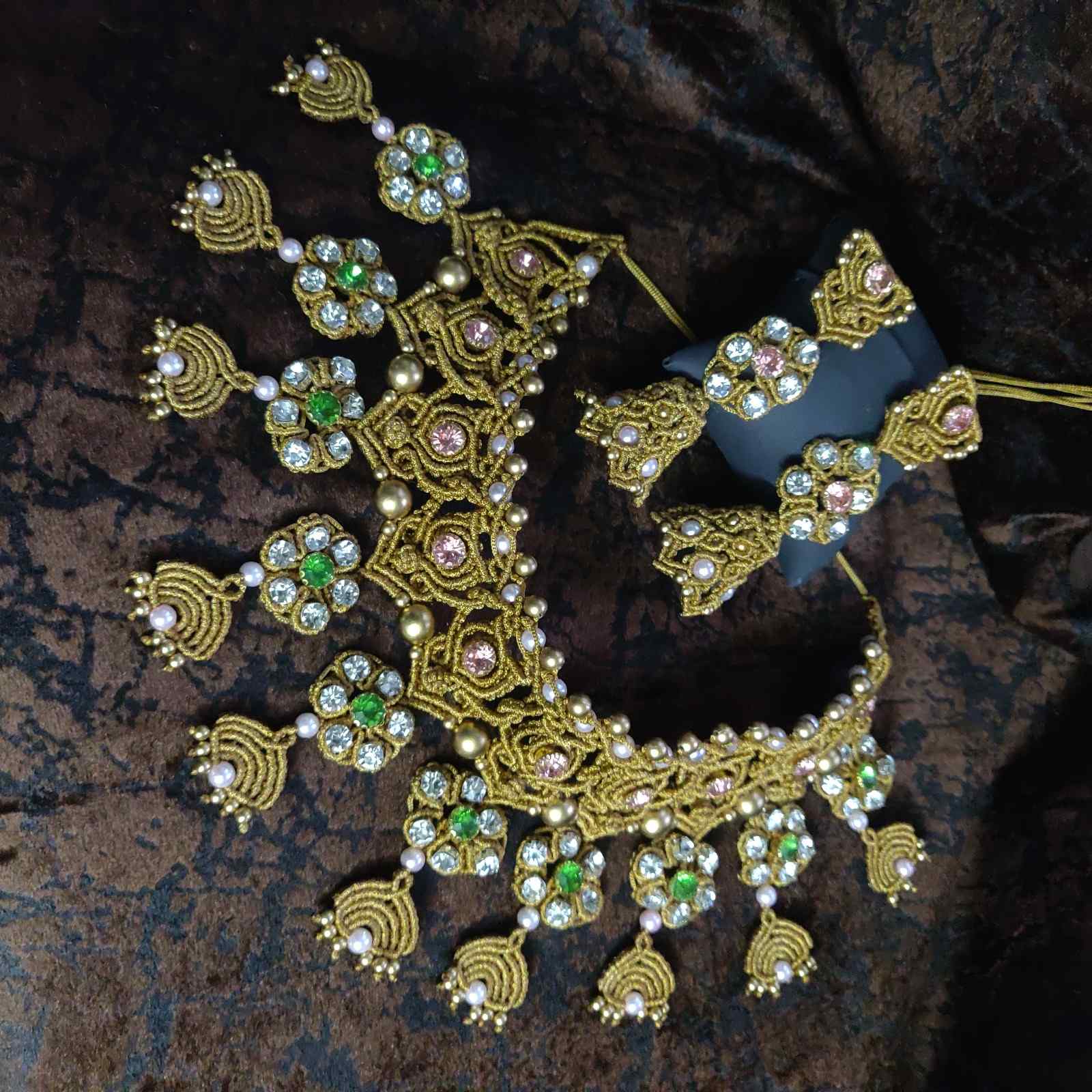 stone necklace pink stone macrame necklace green stone jhumka earrings jhumki flower necklace floral earrings bridal necklace