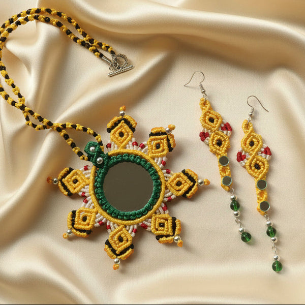 Macrame mirror work mandala necklace and earrings set in yellow and green