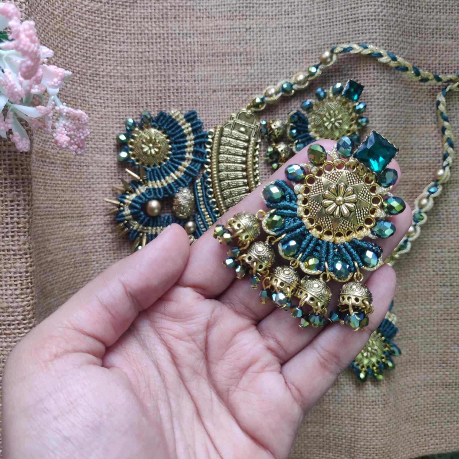 macrame collar style stone necklace and earrings set rama green necklace