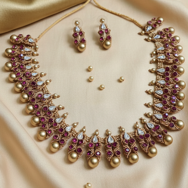 gold stone necklace traditional jewellery bridal haar necklace stud earrings wedding wear party necklace set