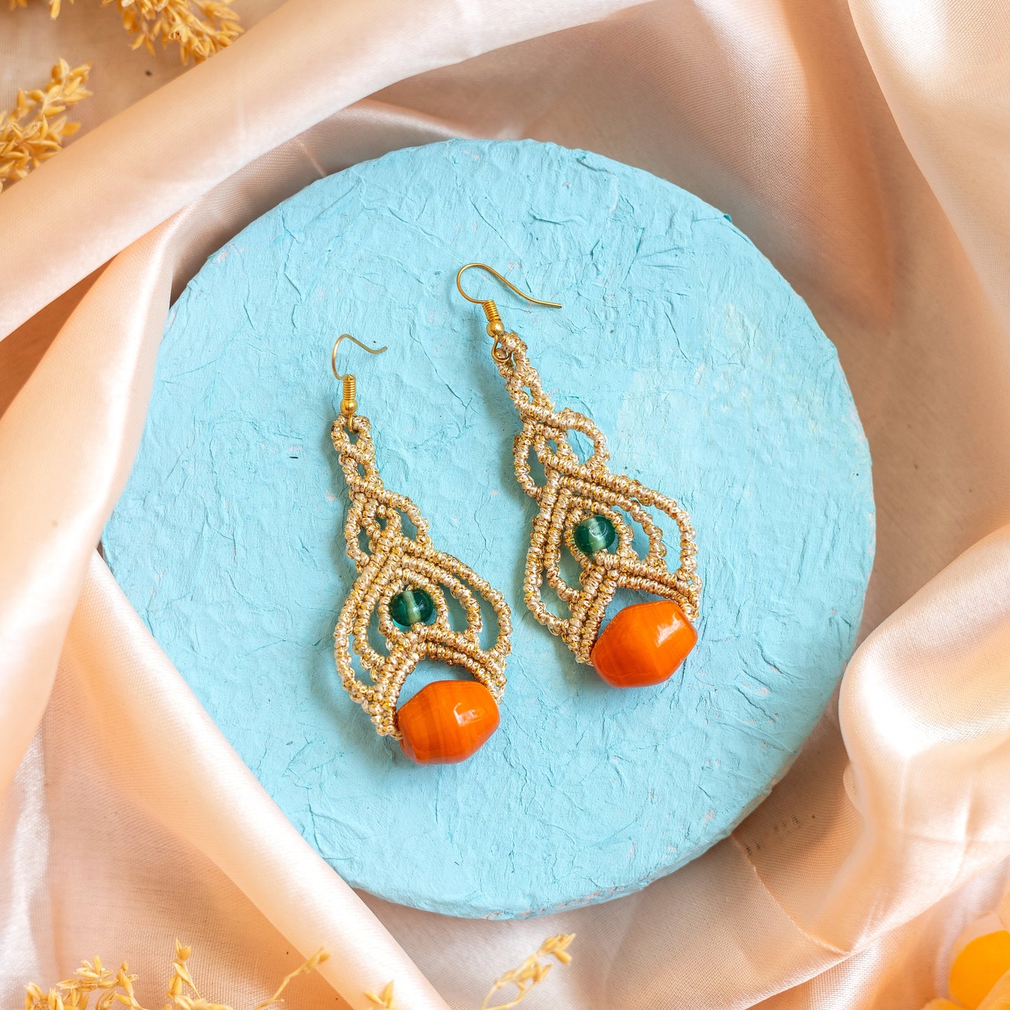 bead macrame dangler earrings with lotus petal design