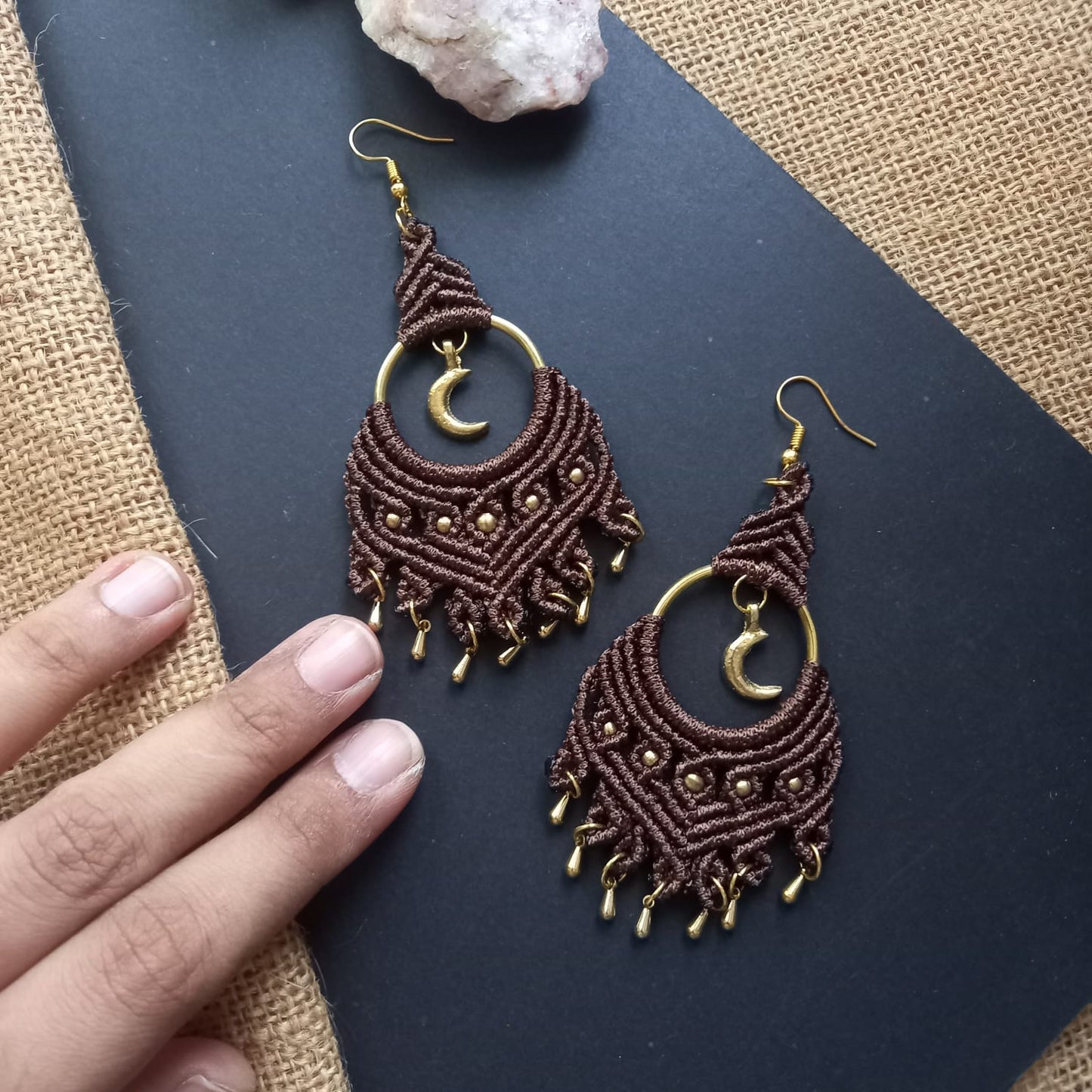 brass bead earrings moon charm earrings macrame party wear earrings statement earrings gold earrings