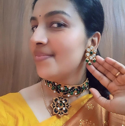 macrame choker stone choker necklace stud earrings stone earrings nayanthara necklace set
