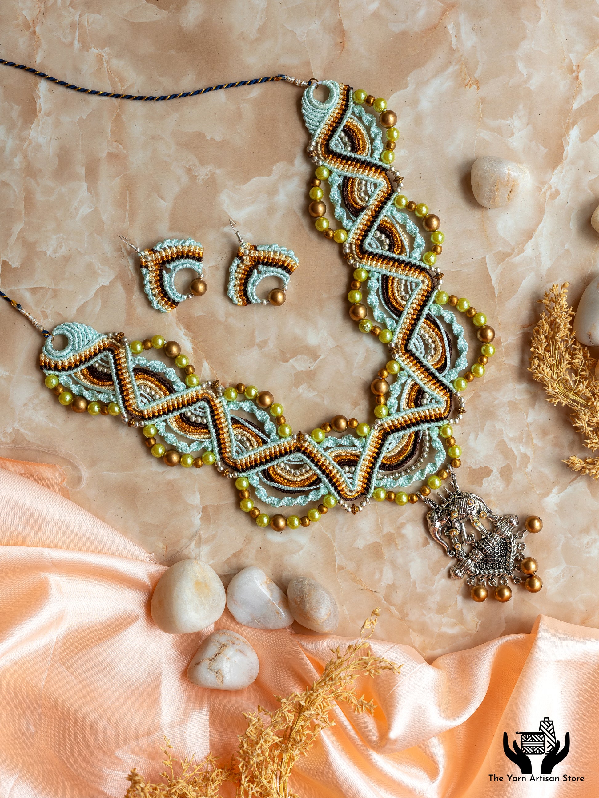 macrame statement zigzag design bead necklace earrings set