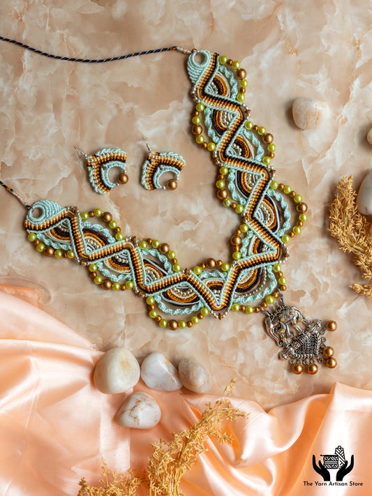 macrame statement zigzag design bead necklace earrings set