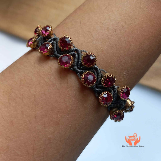 handmade macrame bracelet with ruby rhine stones