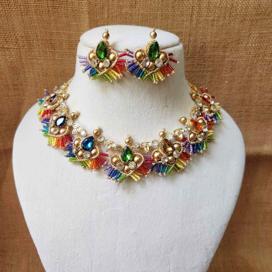 stone necklace rainbow macrame necklace set gold necklace bead necklace ethnic necklace party wear sangeet haldi wedding