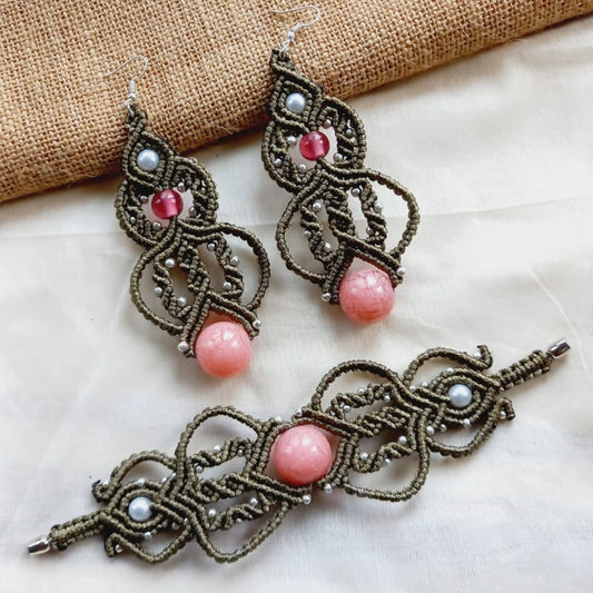 Macrame bead dangler earrings in olive green with pink and pearl beads