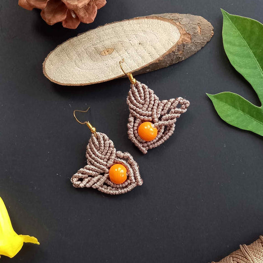 bead macrame earrings with leaves