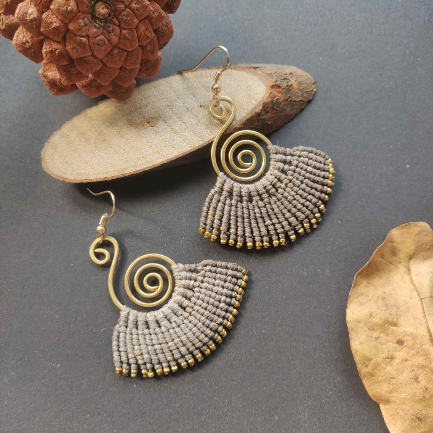 brass earrings macrame earrings grey earrings party wear earrings gold earrings