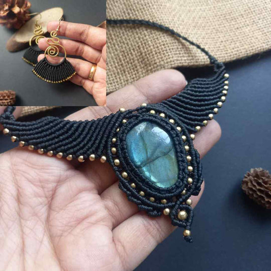 labrodorite stone necklace black necklace macrame necklace bird necklace wing necklace