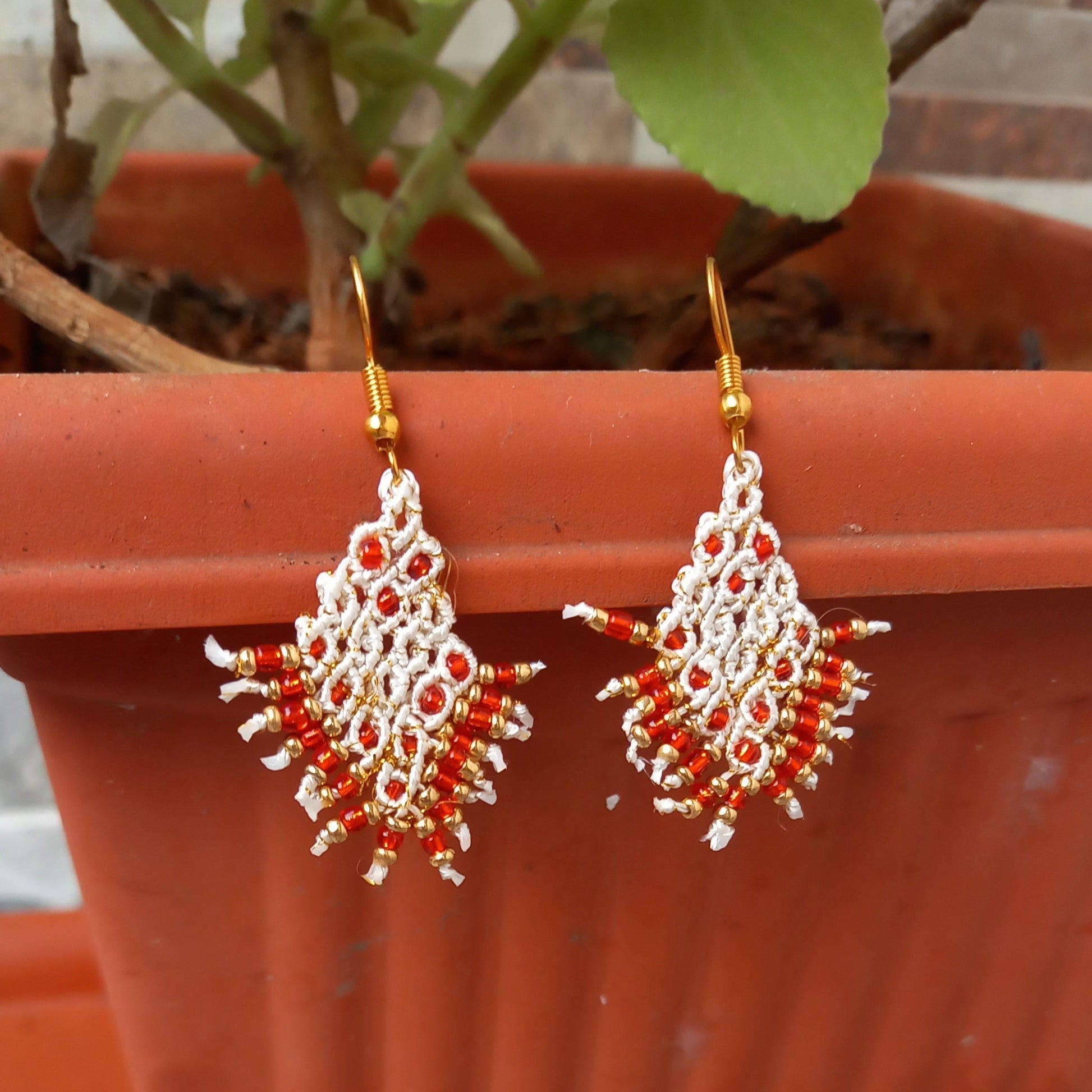 micromacrame dangler earrings with seed beads
